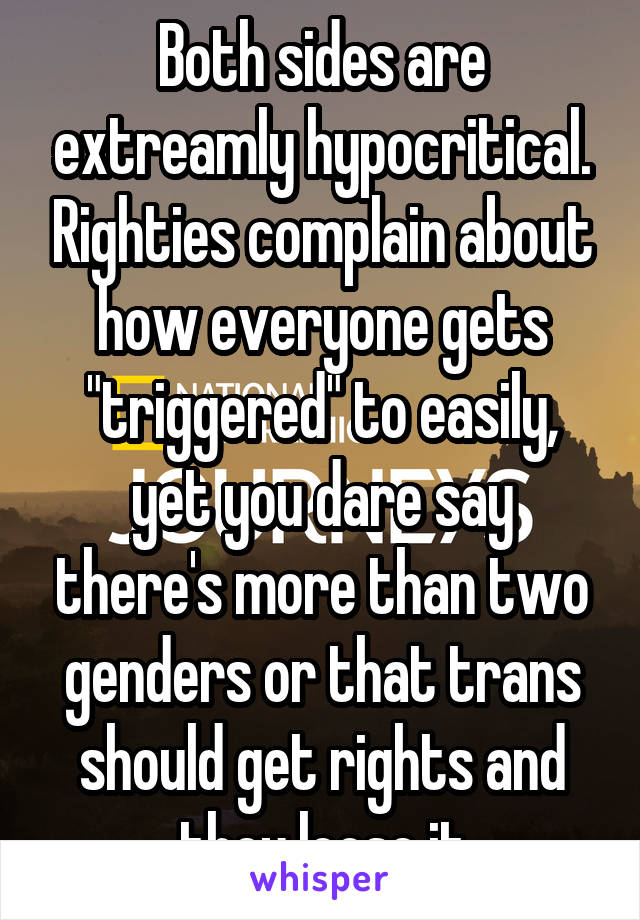 Both sides are extreamly hypocritical. Righties complain about how everyone gets "triggered" to easily, yet you dare say there's more than two genders or that trans should get rights and they loose it