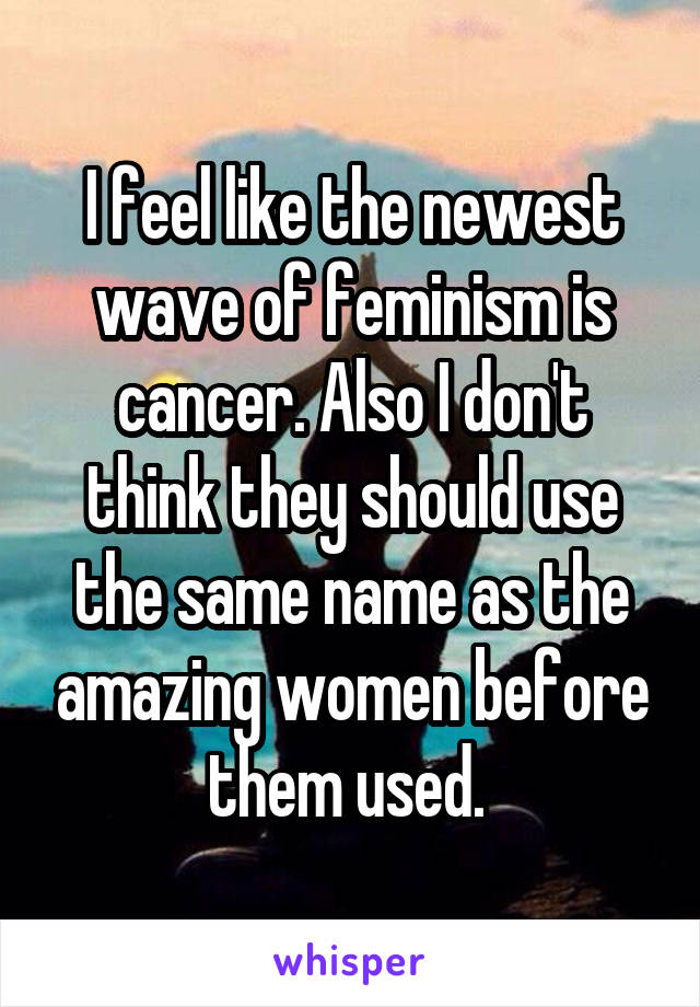 I feel like the newest wave of feminism is cancer. Also I don't think they should use the same name as the amazing women before them used. 