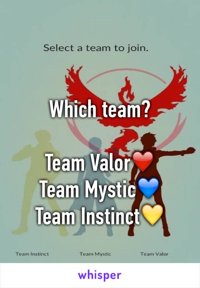 
Which team?

Team Valor❤️
Team Mystic💙
Team Instinct💛