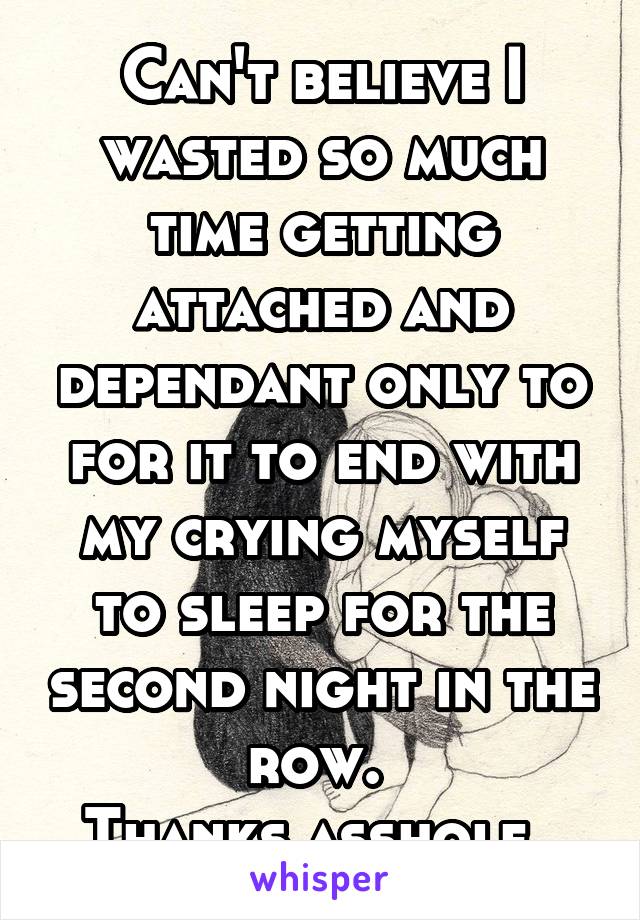 Can't believe I wasted so much time getting attached and dependant only to for it to end with my crying myself to sleep for the second night in the row. 
Thanks asshole. 