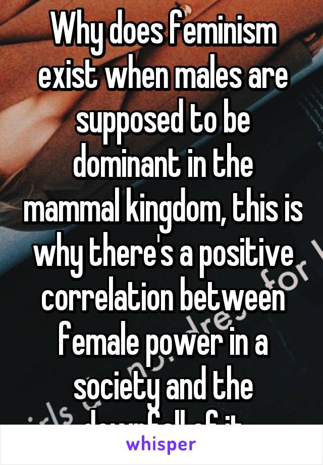 Why does feminism exist when males are supposed to be dominant in the mammal kingdom, this is why there's a positive correlation between female power in a society and the downfall of it