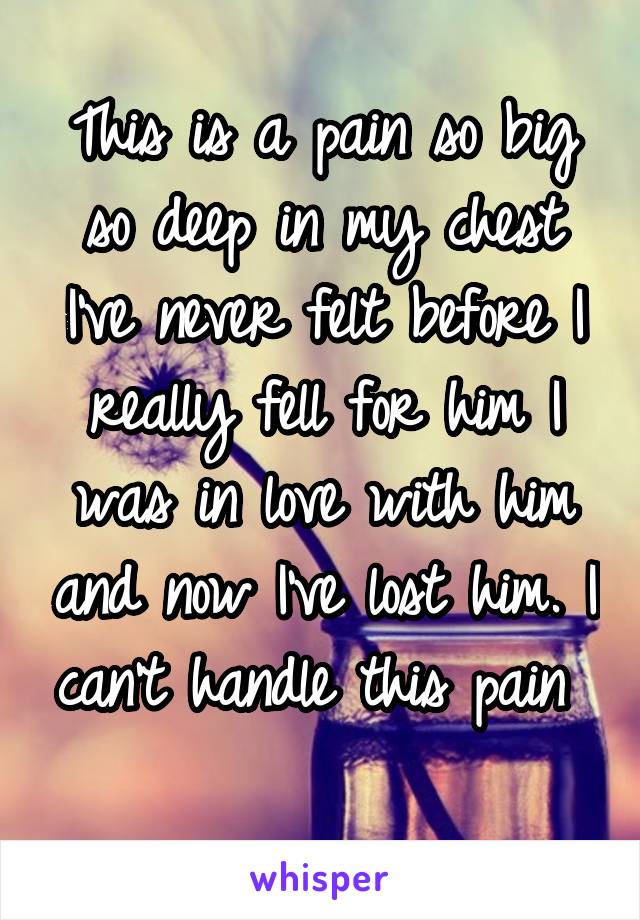 This is a pain so big so deep in my chest I've never felt before I really fell for him I was in love with him and now I've lost him. I can't handle this pain 
