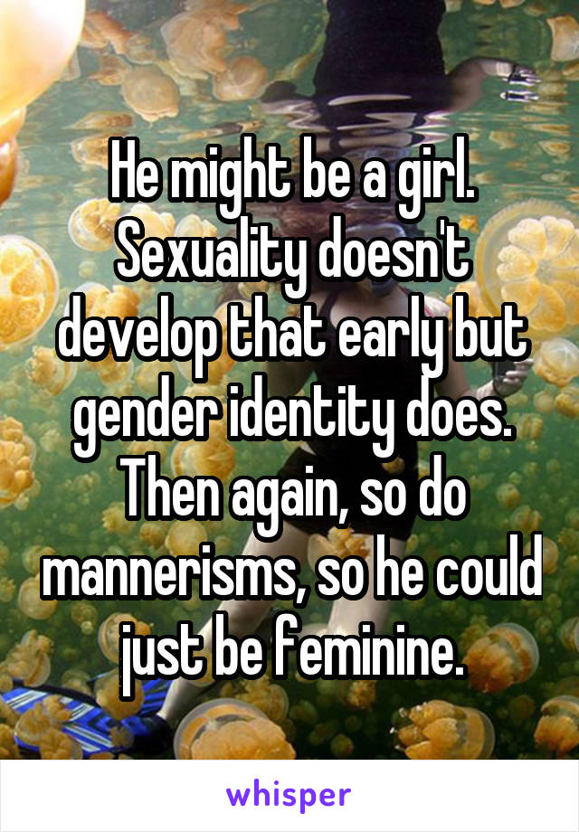 He might be a girl. Sexuality doesn't develop that early but gender identity does. Then again, so do mannerisms, so he could just be feminine.