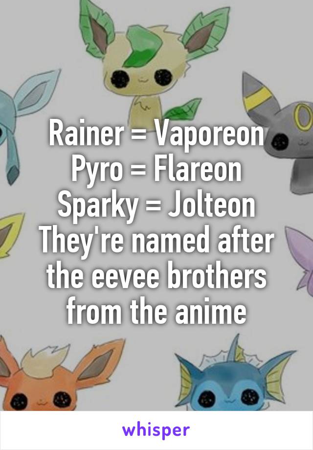 Rainer = Vaporeon
Pyro = Flareon
Sparky = Jolteon
They're named after the eevee brothers from the anime