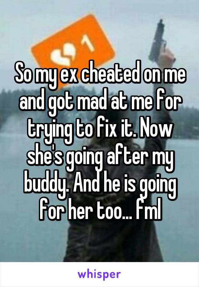 So my ex cheated on me and got mad at me for trying to fix it. Now she's going after my buddy. And he is going for her too... fml