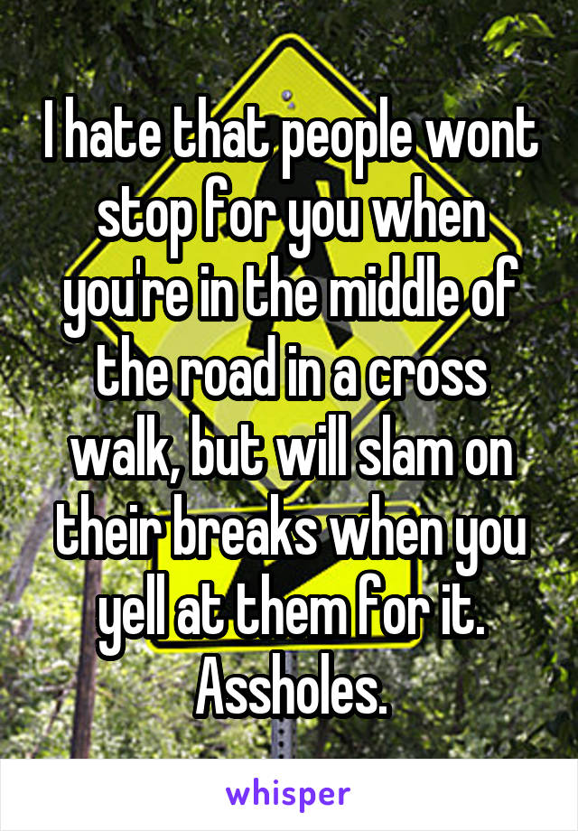 I hate that people wont stop for you when you're in the middle of the road in a cross walk, but will slam on their breaks when you yell at them for it. Assholes.