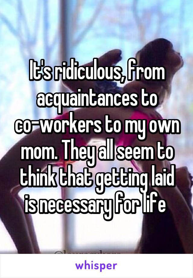 It's ridiculous, from acquaintances to co-workers to my own mom. They all seem to think that getting laid is necessary for life 