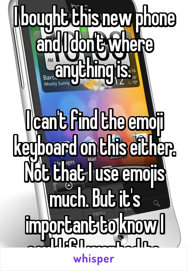 I bought this new phone and I don't where anything is. 

I can't find the emoji keyboard on this either. Not that I use emojis much. But it's important to know I could if I wanted to.