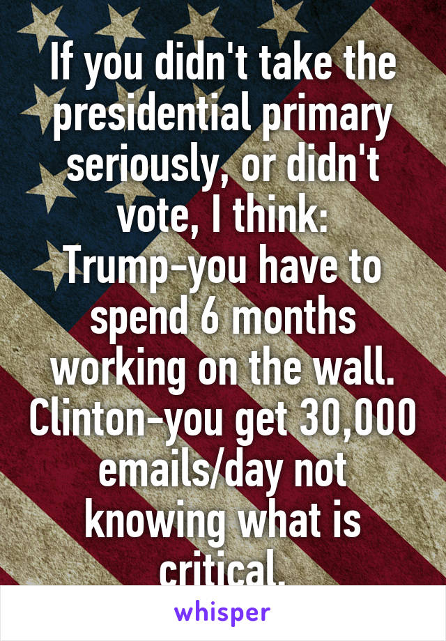 If you didn't take the presidential primary seriously, or didn't vote, I think:
Trump-you have to spend 6 months working on the wall. Clinton-you get 30,000 emails/day not knowing what is critical.