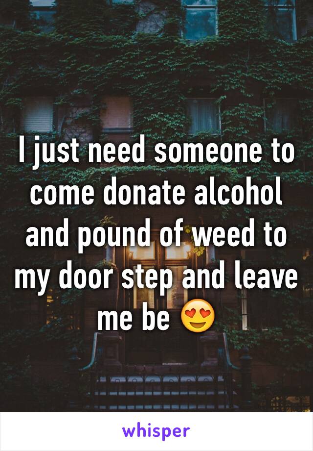 I just need someone to come donate alcohol and pound of weed to my door step and leave me be 😍