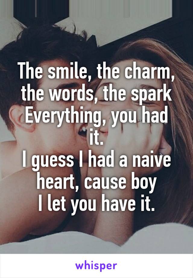 The smile, the charm, the words, the spark
Everything, you had it.
I guess I had a naive heart, cause boy
I let you have it.