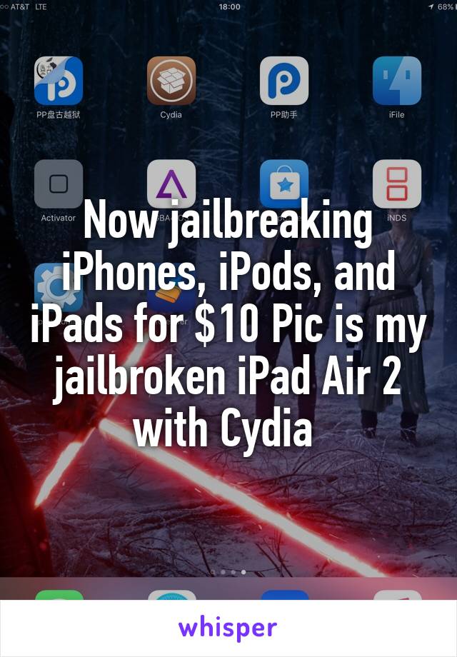 Now jailbreaking iPhones, iPods, and iPads for $10 Pic is my jailbroken iPad Air 2 with Cydia 