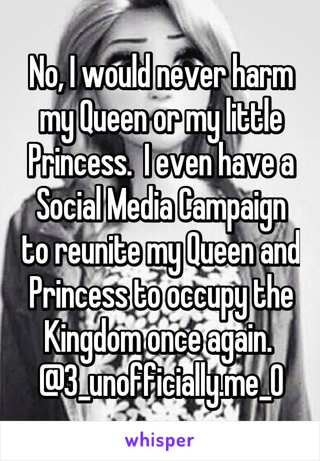 No, I would never harm my Queen or my little Princess.  I even have a Social Media Campaign to reunite my Queen and Princess to occupy the Kingdom once again.  @3_unofficially.me_0