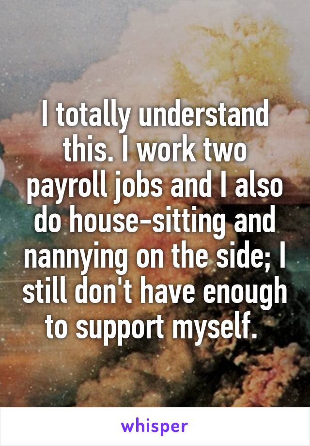 I totally understand this. I work two payroll jobs and I also do house-sitting and nannying on the side; I still don't have enough to support myself. 