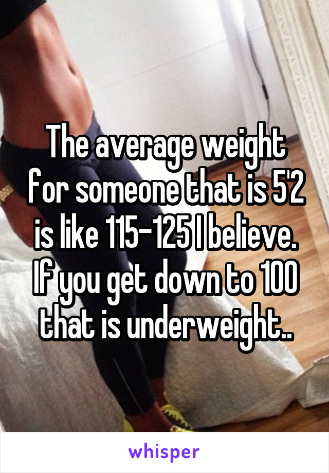 The average weight for someone that is 5'2 is like 115-125 I believe. If you get down to 100 that is underweight..