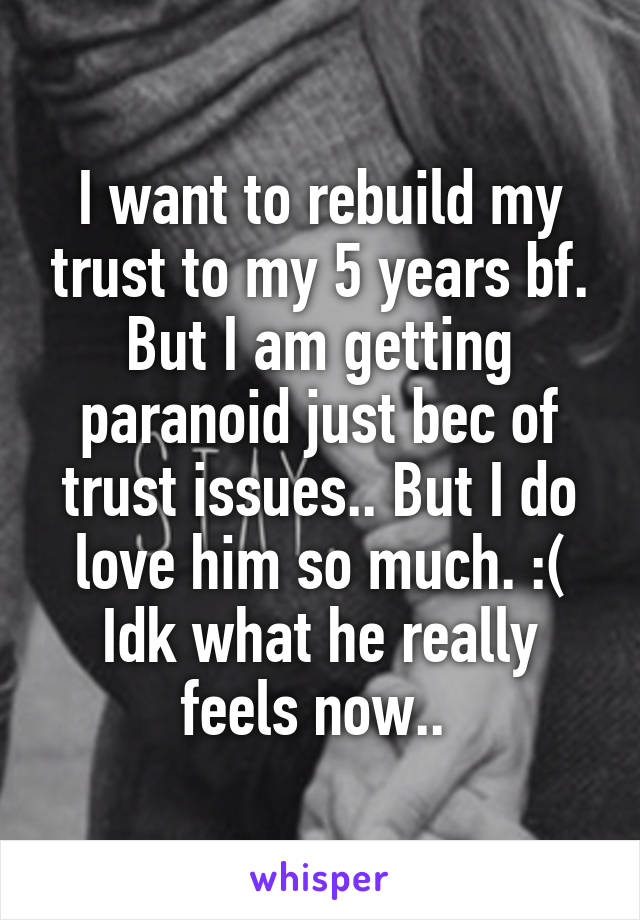 I want to rebuild my trust to my 5 years bf. But I am getting paranoid just bec of trust issues.. But I do love him so much. :( Idk what he really feels now.. 