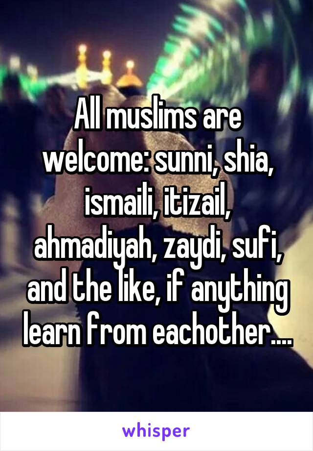 All muslims are welcome: sunni, shia, ismaili, itizail, ahmadiyah, zaydi, sufi, and the like, if anything learn from eachother....