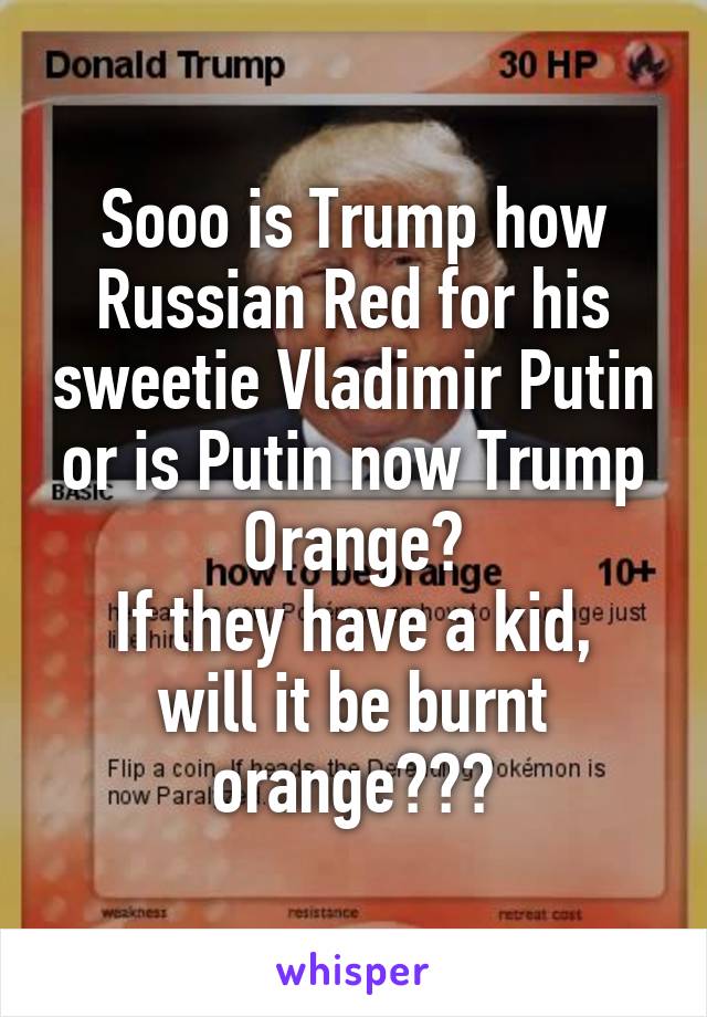 Sooo is Trump how Russian Red for his sweetie Vladimir Putin or is Putin now Trump Orange?
If they have a kid, will it be burnt orange???