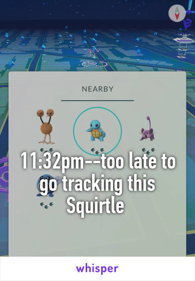 



11:32pm--too late to go tracking this Squirtle 