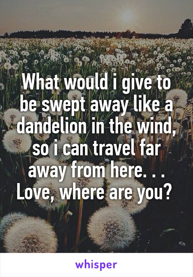 What would i give to be swept away like a dandelion in the wind, so i can travel far away from here. . . Love, where are you? 