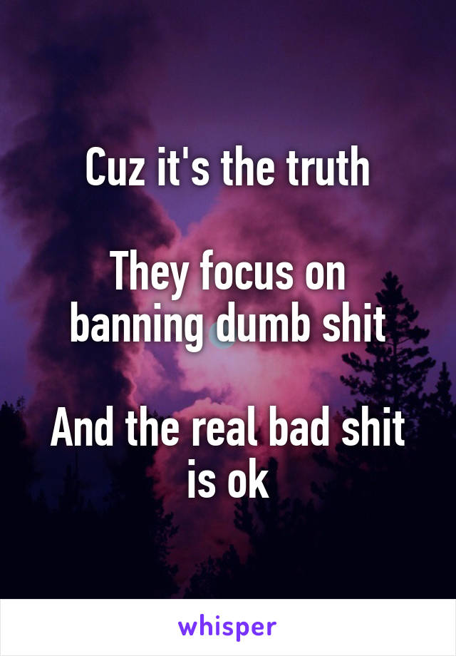 Cuz it's the truth

They focus on banning dumb shit

And the real bad shit is ok