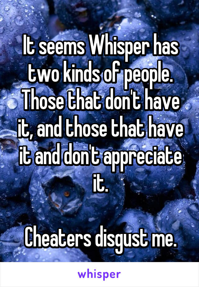 It seems Whisper has two kinds of people.
Those that don't have it, and those that have it and don't appreciate it.

Cheaters disgust me.