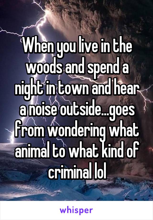 When you live in the woods and spend a night in town and hear a noise outside...goes from wondering what animal to what kind of criminal lol