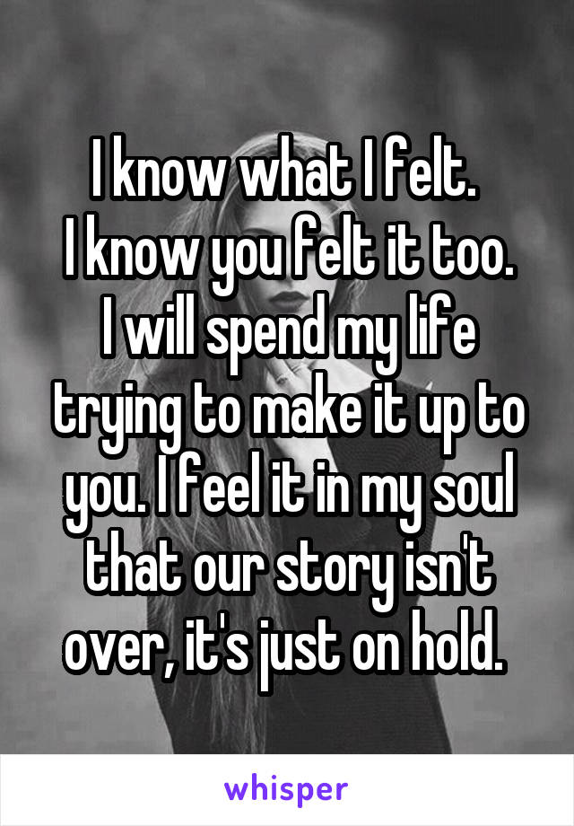 I know what I felt. 
I know you felt it too.
I will spend my life trying to make it up to you. I feel it in my soul that our story isn't over, it's just on hold. 