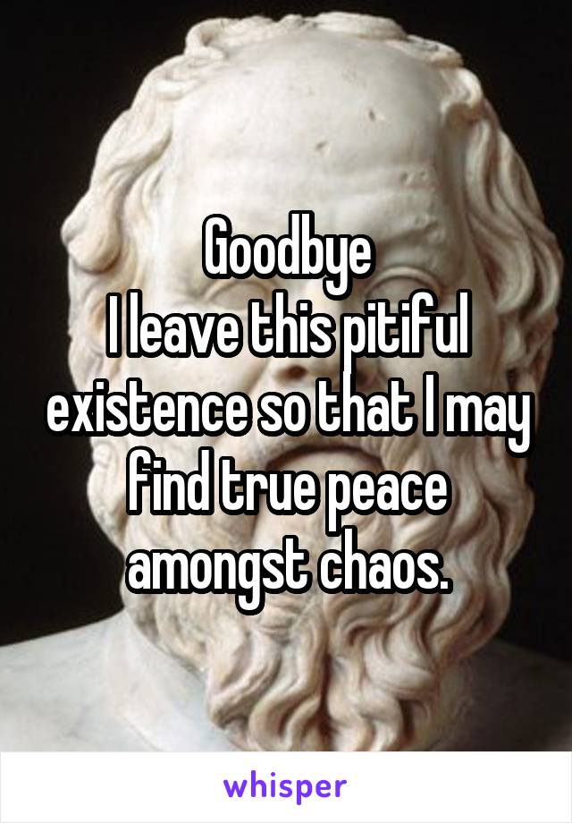 Goodbye
I leave this pitiful existence so that I may find true peace amongst chaos.