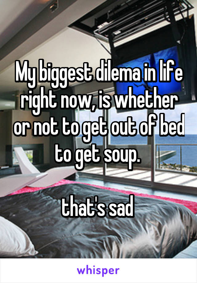 My biggest dilema in life right now, is whether or not to get out of bed to get soup. 

that's sad 