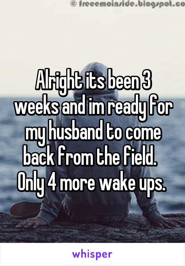 Alright its been 3 weeks and im ready for my husband to come back from the field.   Only 4 more wake ups. 