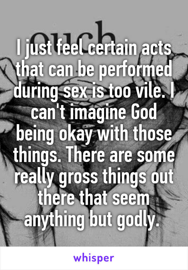 I just feel certain acts that can be performed during sex is too vile. I can't imagine God being okay with those things. There are some really gross things out there that seem anything but godly. 