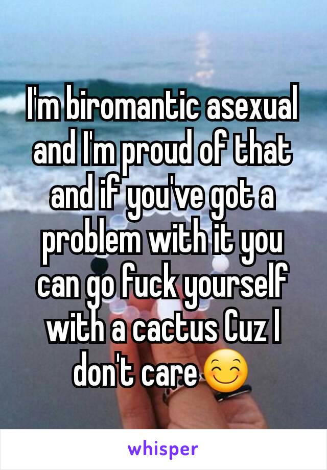 I'm biromantic asexual and I'm proud of that and if you've got a problem with it you can go fuck yourself with a cactus Cuz I don't care😊