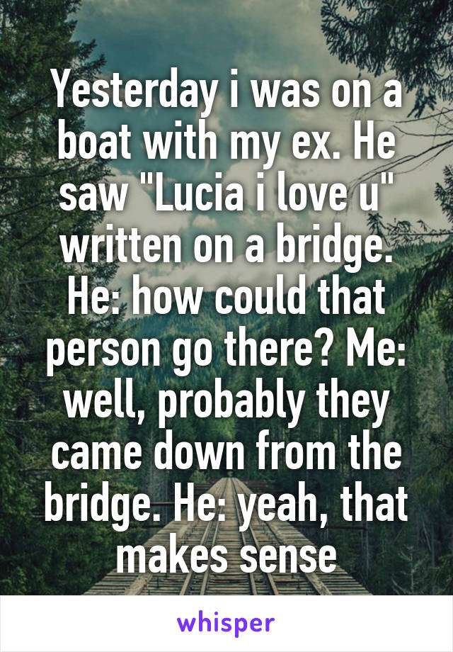 Yesterday i was on a boat with my ex. He saw "Lucia i love u" written on a bridge. He: how could that person go there? Me: well, probably they came down from the bridge. He: yeah, that makes sense