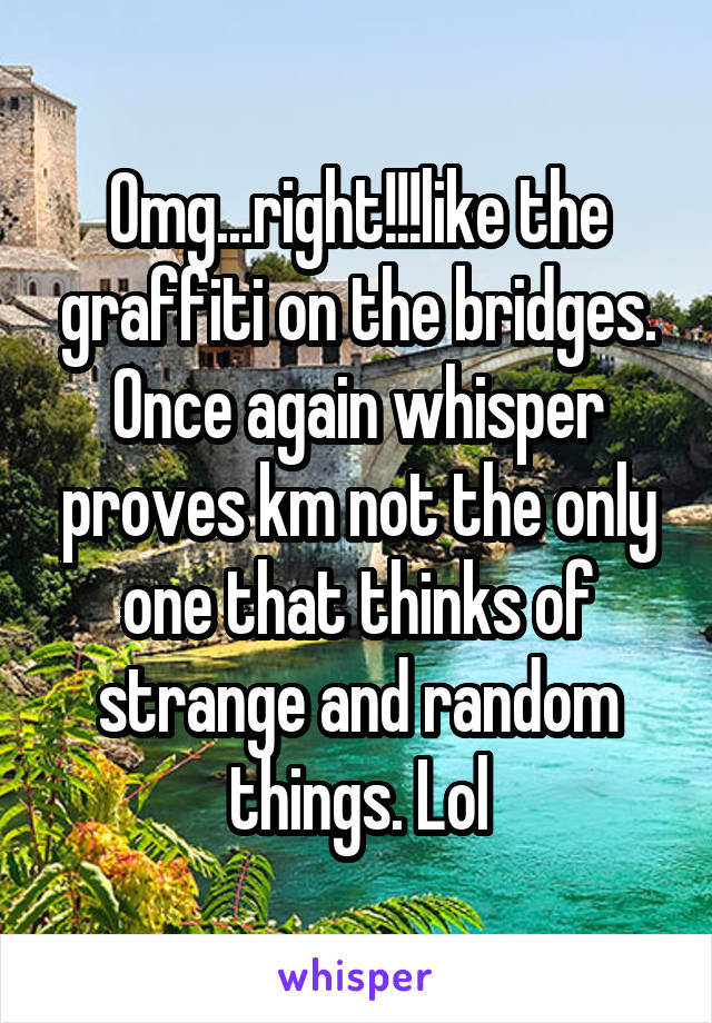 Omg...right!!!like the graffiti on the bridges. Once again whisper proves km not the only one that thinks of strange and random things. Lol