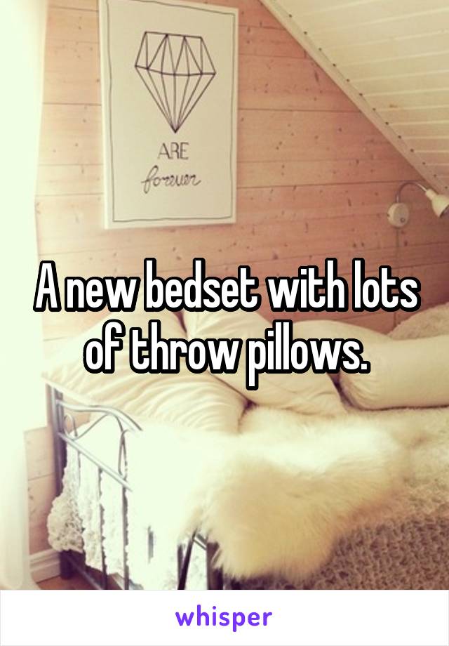 A new bedset with lots of throw pillows.