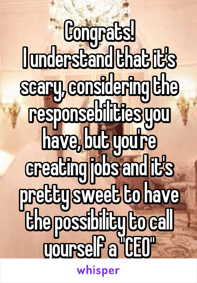 Congrats!
I understand that it's scary, considering the responsebilities you have, but you're creating jobs and it's pretty sweet to have the possibility to call yourself a "CEO"