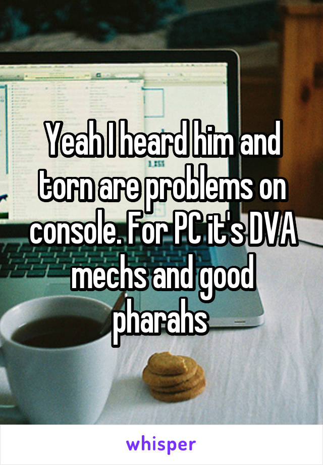 Yeah I heard him and torn are problems on console. For PC it's DVA mechs and good pharahs 