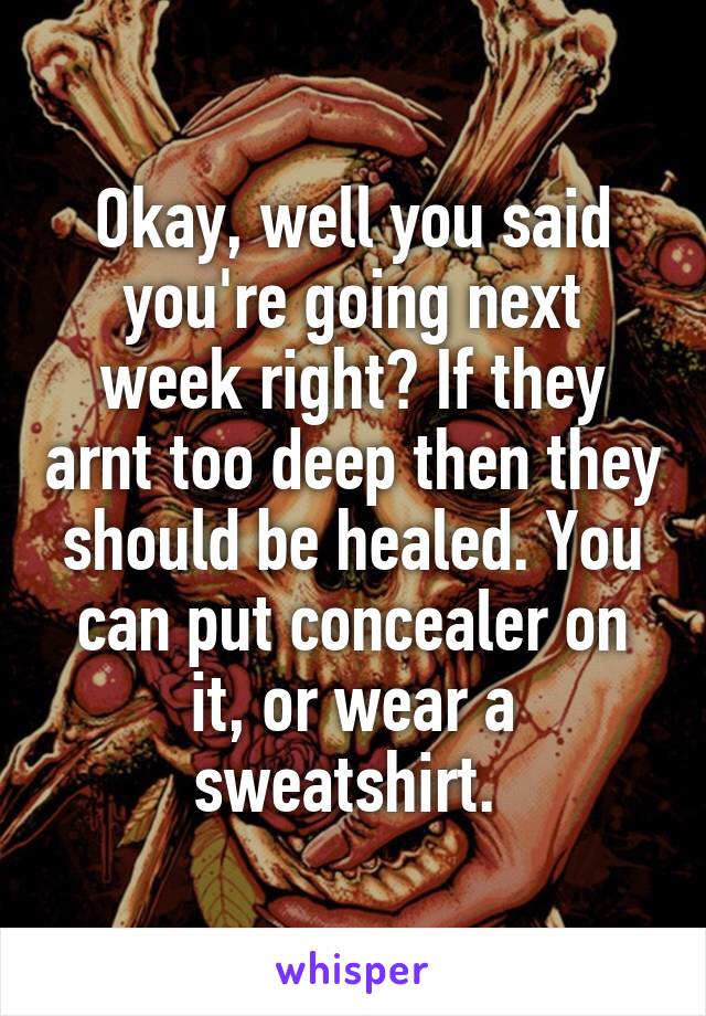 Okay, well you said you're going next week right? If they arnt too deep then they should be healed. You can put concealer on it, or wear a sweatshirt. 