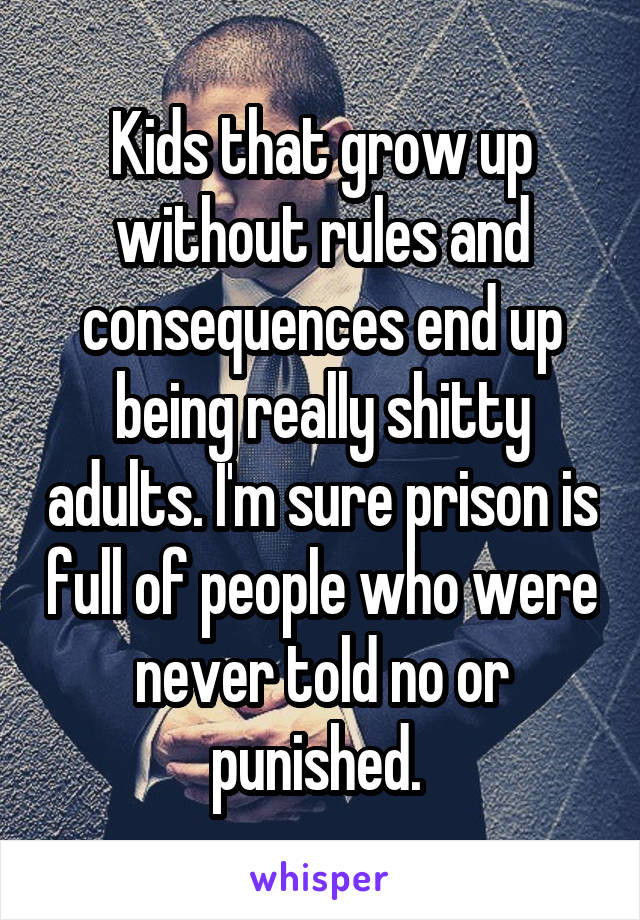 Kids that grow up without rules and consequences end up being really shitty adults. I'm sure prison is full of people who were never told no or punished. 