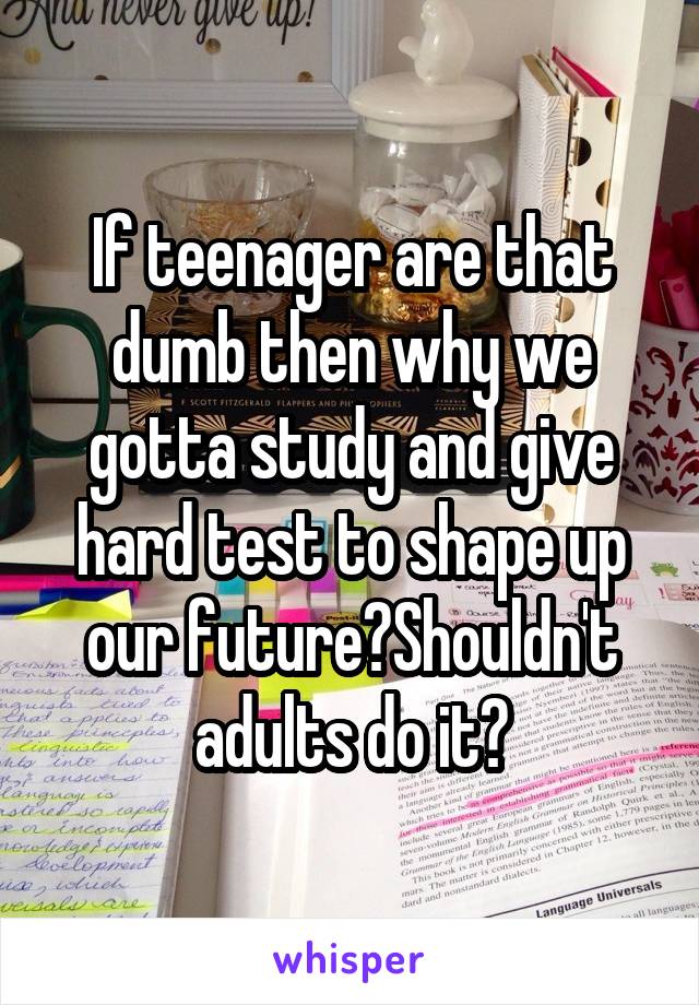 If teenager are that dumb then why we gotta study and give hard test to shape up our future?Shouldn't adults do it?