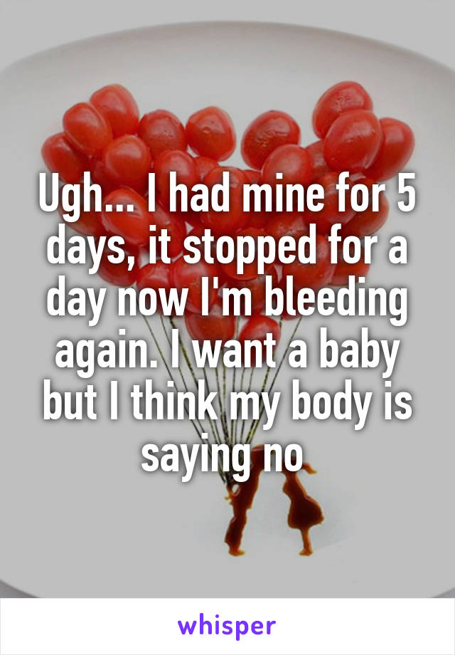 Ugh... I had mine for 5 days, it stopped for a day now I'm bleeding again. I want a baby but I think my body is saying no 