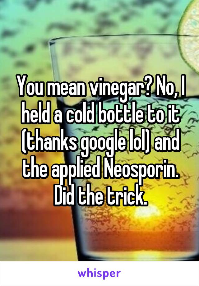 You mean vinegar? No, I held a cold bottle to it (thanks google lol) and the applied Neosporin. Did the trick.