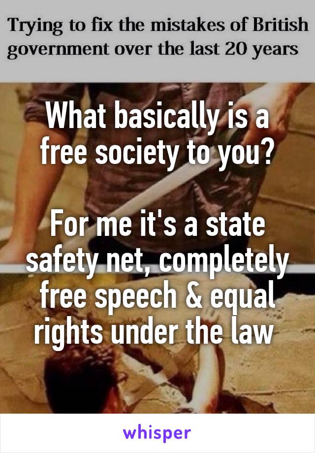 What basically is a free society to you?

For me it's a state safety net, completely free speech & equal rights under the law 