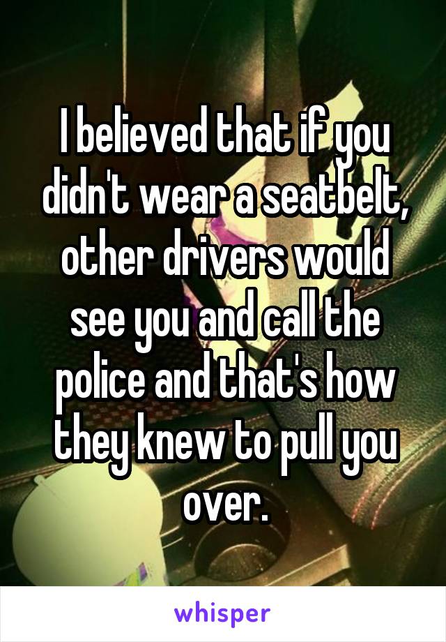 I believed that if you didn't wear a seatbelt, other drivers would see you and call the police and that's how they knew to pull you over.