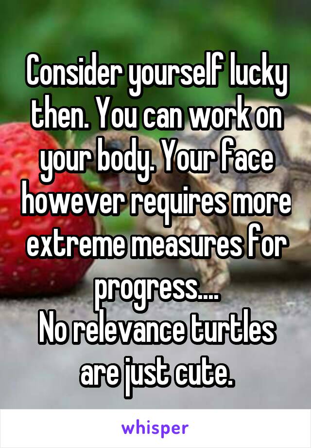 Consider yourself lucky then. You can work on your body. Your face however requires more extreme measures for progress....
No relevance turtles are just cute.