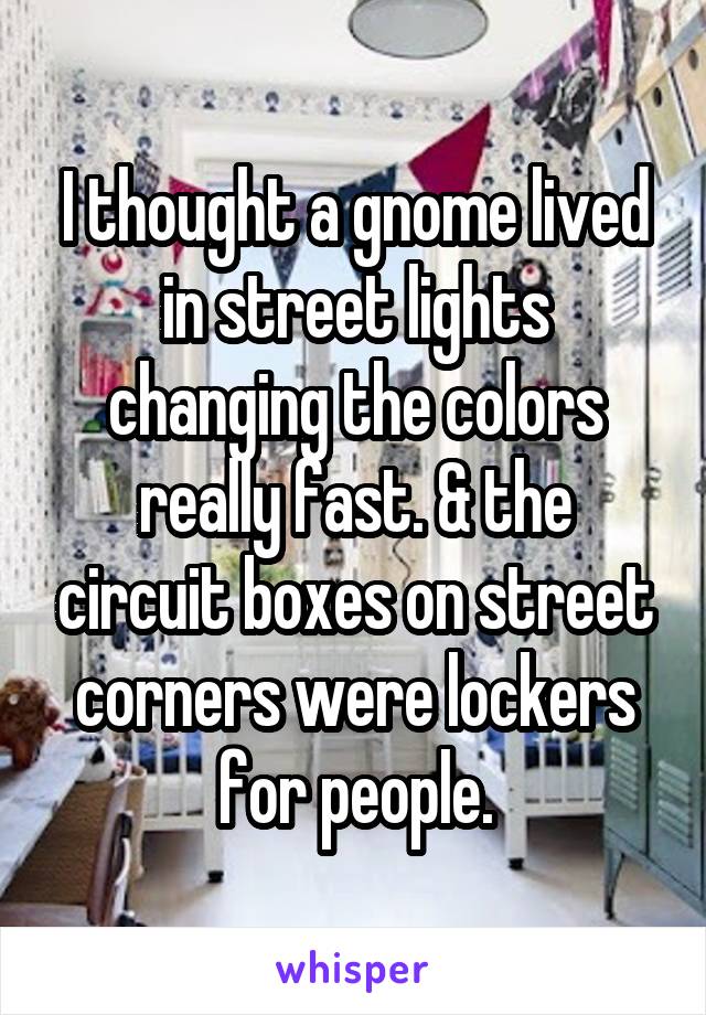 I thought a gnome lived in street lights changing the colors really fast. & the circuit boxes on street corners were lockers for people.