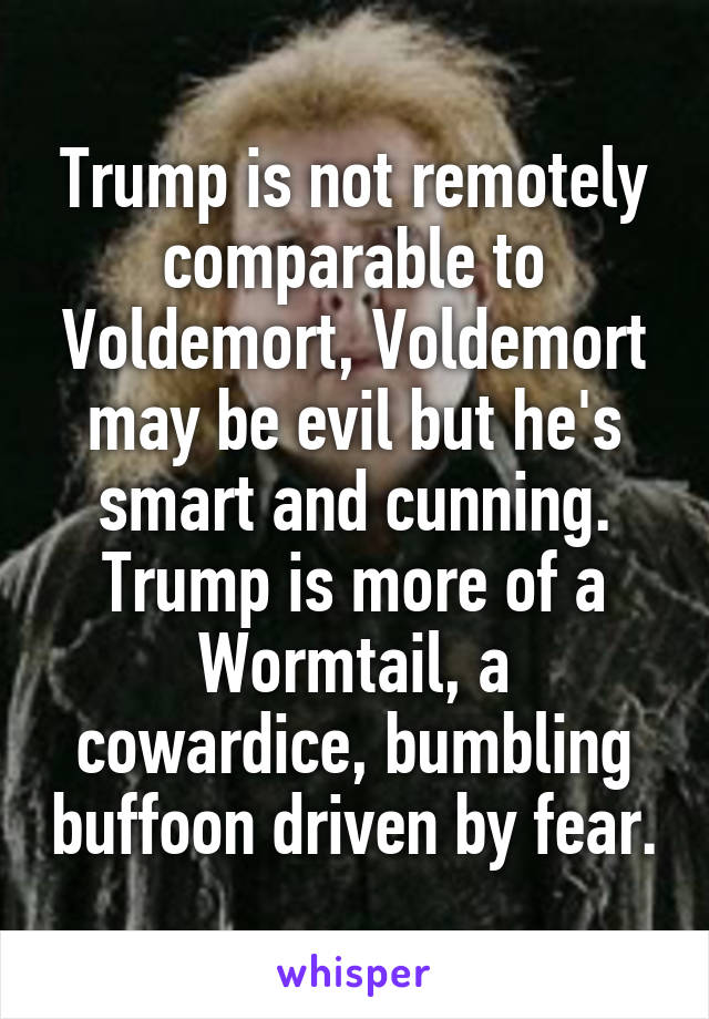 Trump is not remotely comparable to Voldemort, Voldemort may be evil but he's smart and cunning. Trump is more of a Wormtail, a cowardice, bumbling buffoon driven by fear.