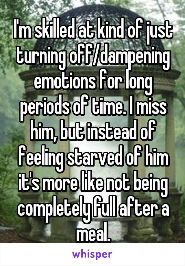 I'm skilled at kind of just turning off/dampening emotions for long periods of time. I miss him, but instead of feeling starved of him it's more like not being completely full after a meal.