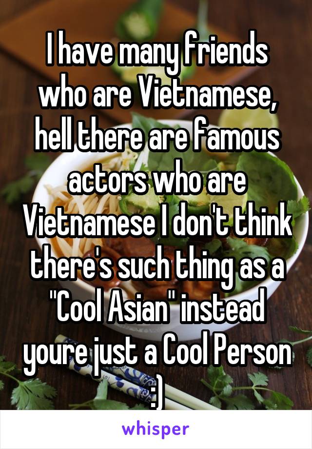 I have many friends who are Vietnamese, hell there are famous actors who are Vietnamese I don't think there's such thing as a "Cool Asian" instead youre just a Cool Person :)